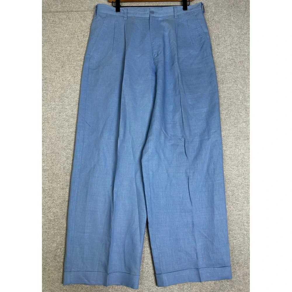 Domani Platinum Baggy Linen Trousers Mens 34 Blue Linen Cotton Pleated Cuffed